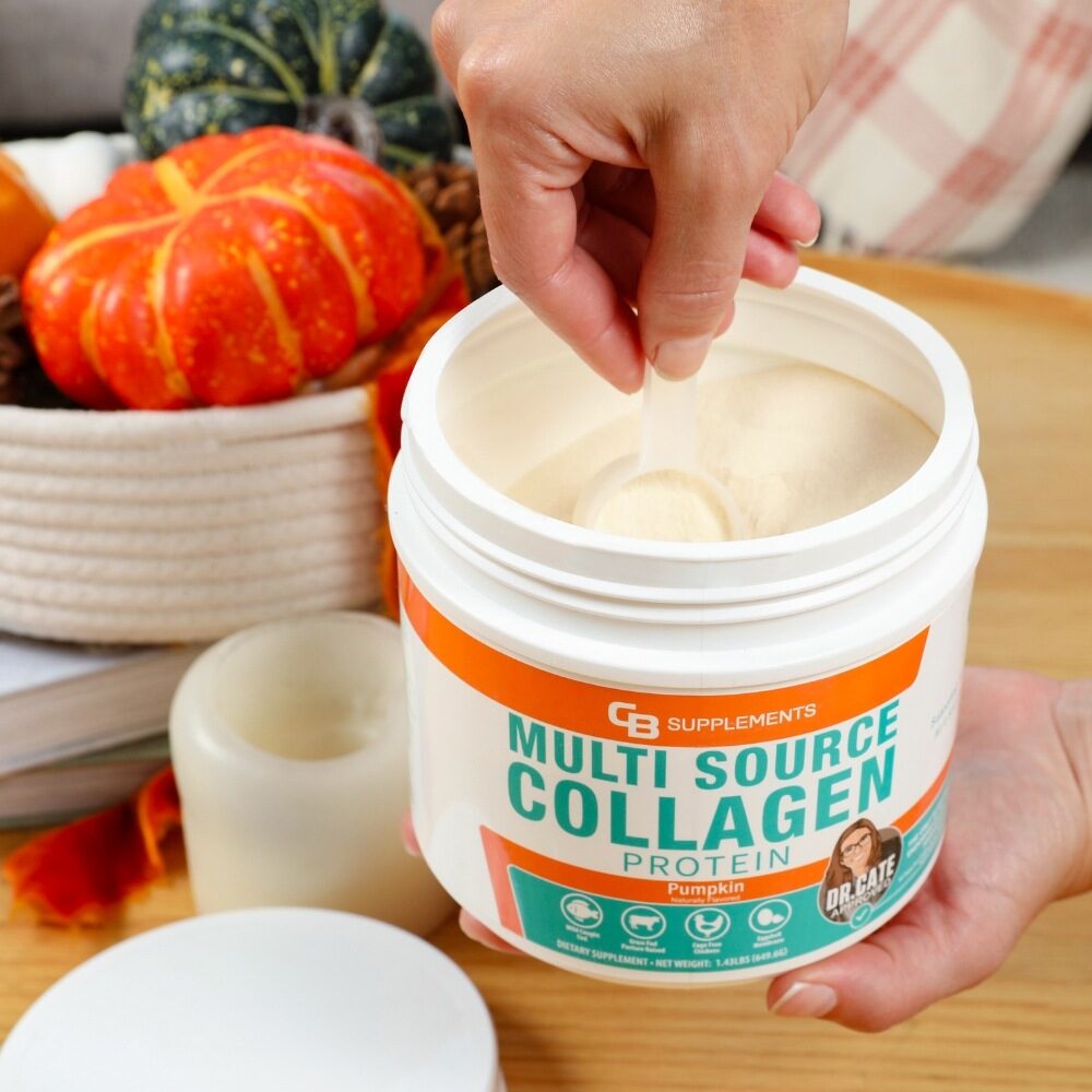 Pumpkin Multi Collagen Protein Peptides Powder open container with scoop