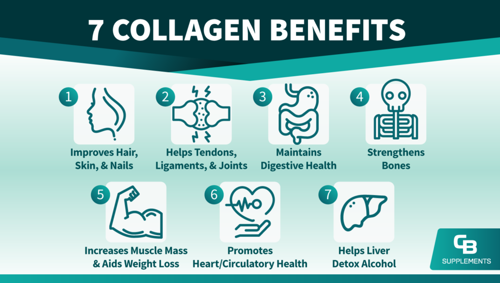 7 Collagen Benefits Overview Illustration Infographic by CB Supplements
