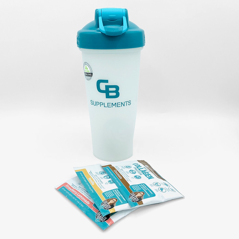 Single Serve flavored collagen packets and shaker bottle in water