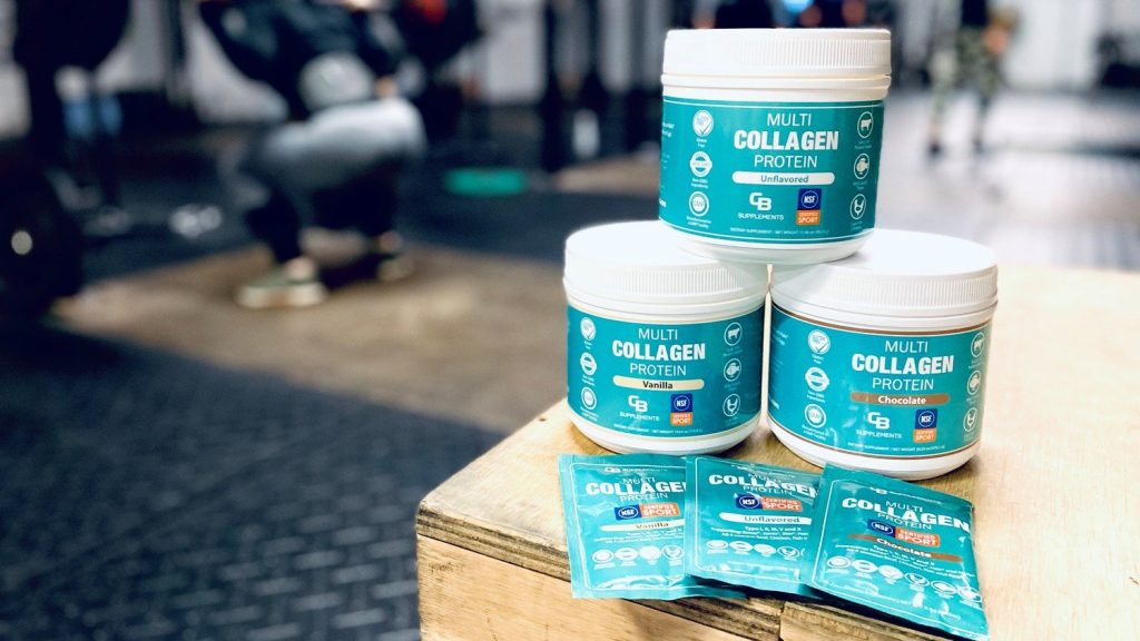NSF Certified Collagen Products stacked in gym