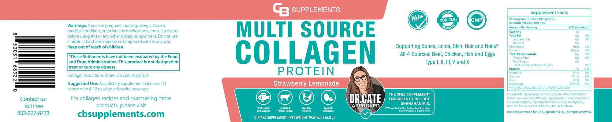 Strawberry Lemonade Multi Collagen Protein Powder Label and Ingredients